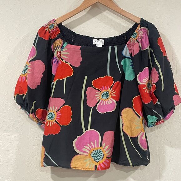 ~ Sm "Velvet by Graham & Spencer" Blouse Floral Puff Sleeve Cotton Silk Lined - Picture 2 of 16